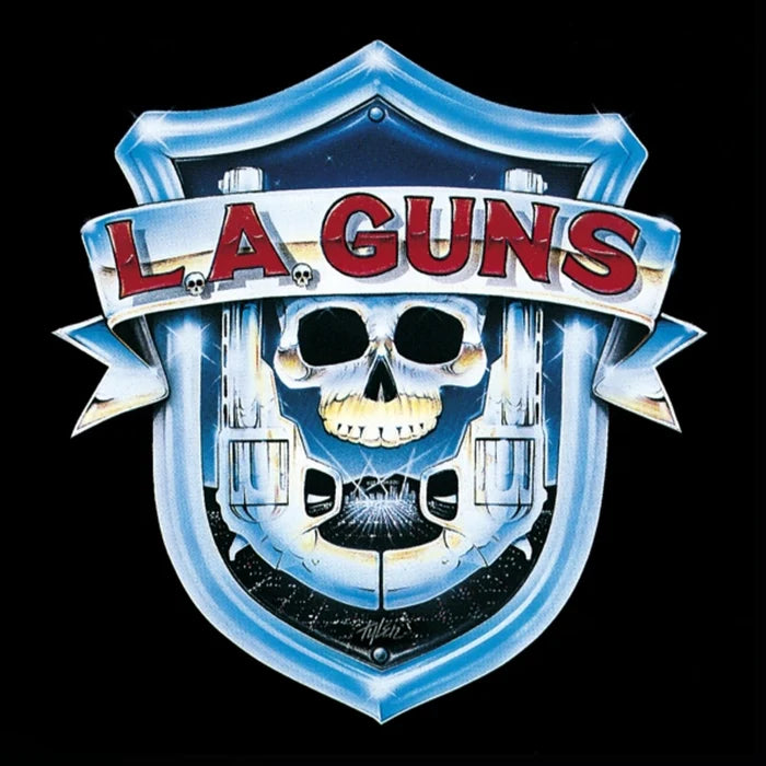 Logo of L.A. Guns featuring a skull and crossed guns on a black background