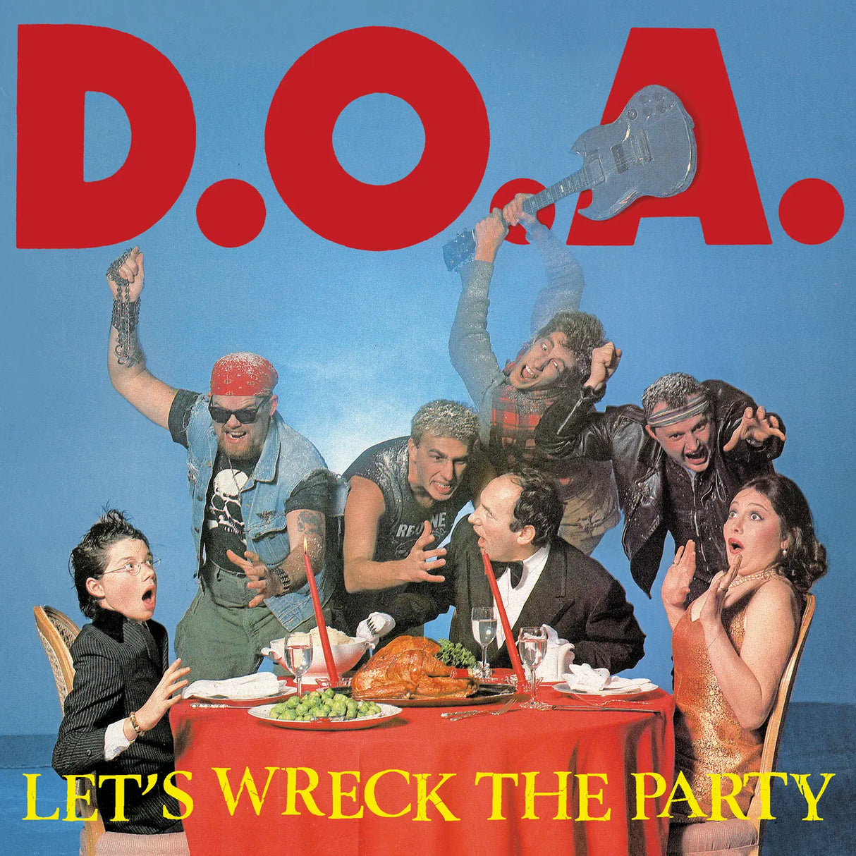 Album cover for D.O.A. with a group of people around a table, text 'D.O.A.' and 'Let's Wreck the Party' on a blue background.