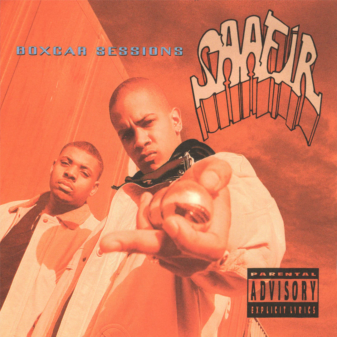 Album cover for Saafir's 'Boxcar Sessions' featuring two men with a casual pose, one holding a microphone, against an orange and brown textured background.
