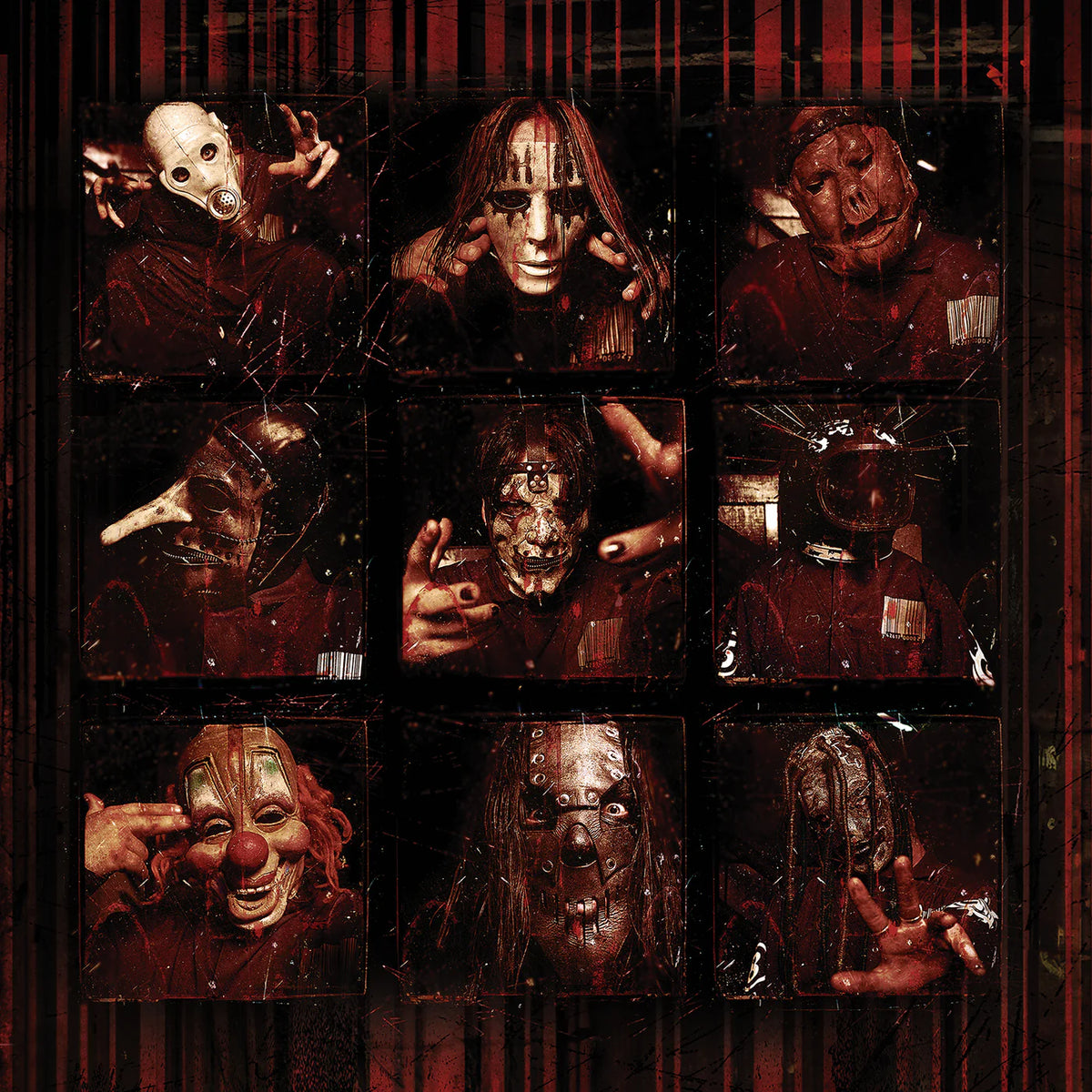 Collage of various masks with a dark, horror-themed background.