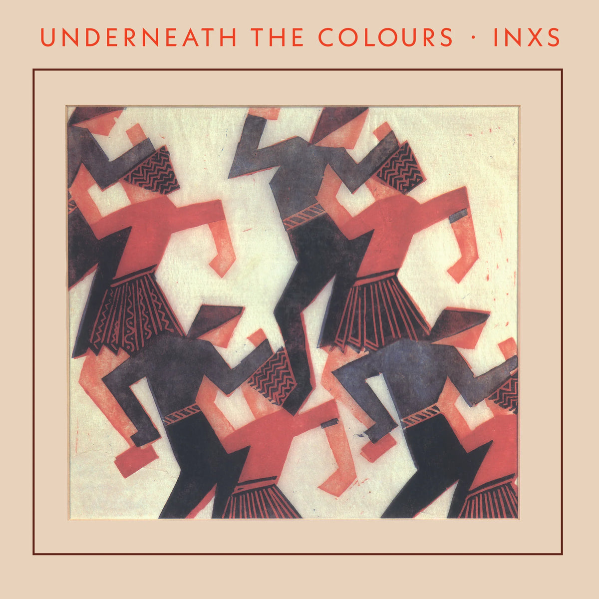 Album cover for 'Underneath the Colours - INXS' featuring a central square artwork with stylized figures in red and black on a cream background, surrounded by a beige border with the title in red text.