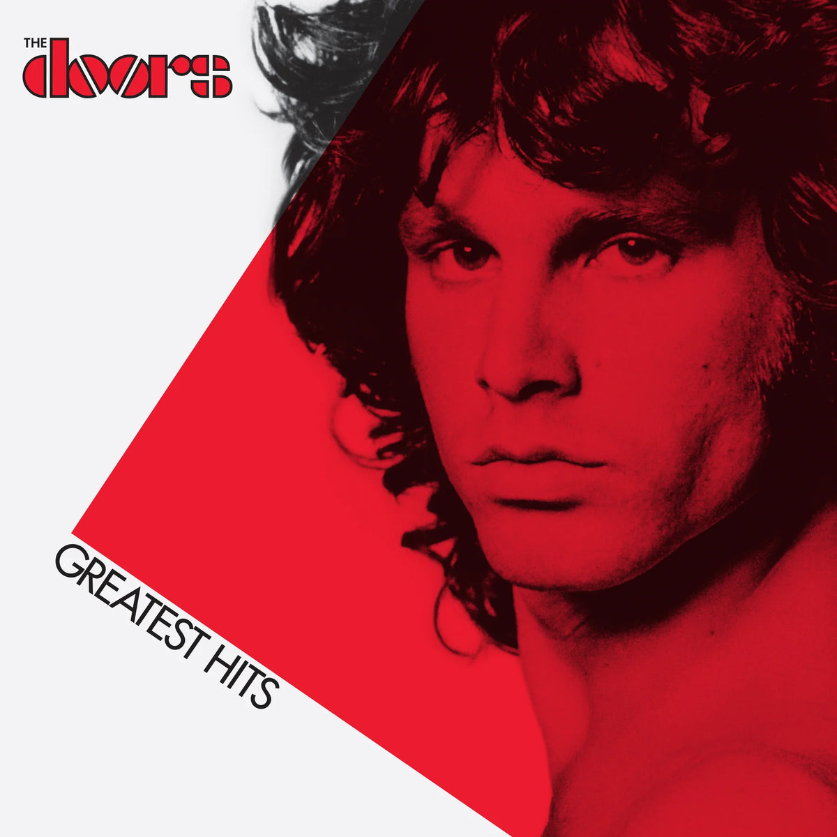 The Doors 'Greatest Hits' album cover featuring a high-contrast red and black portrait of the band member, with the band name 'The Doors' in red at the top left and 'Greatest Hits' in black at the bottom left on a white background.