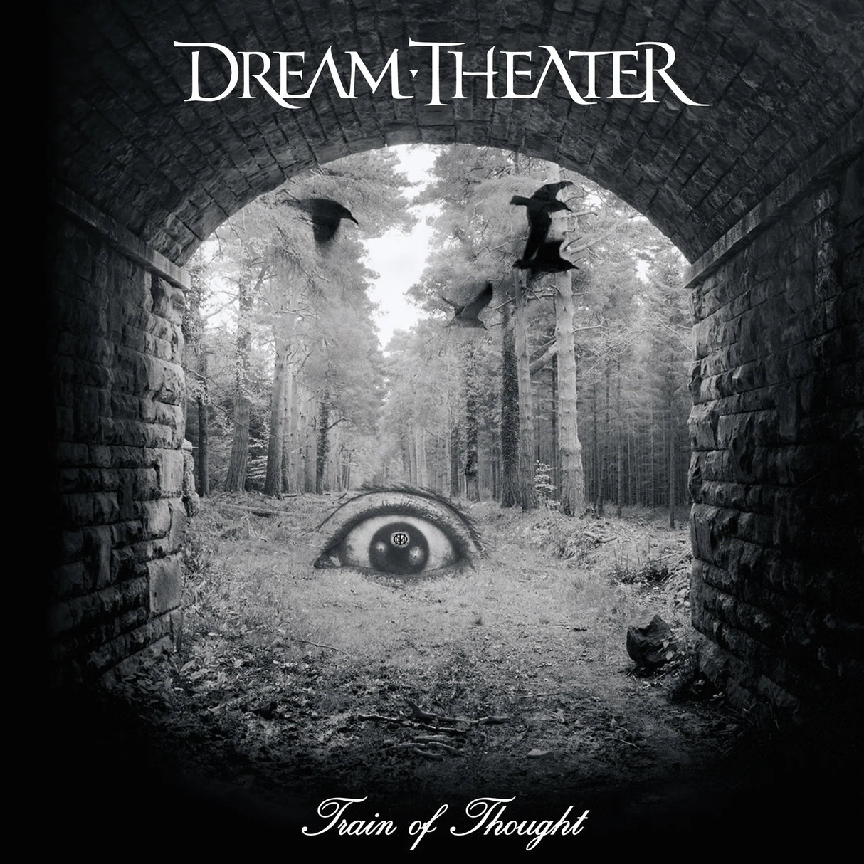 Album cover for Dream Theater's 'Train of Thought' with an eye and forest design.