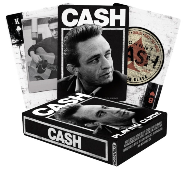 Johnny Cash-themed playing cards with a box featuring images and text related to the musician.