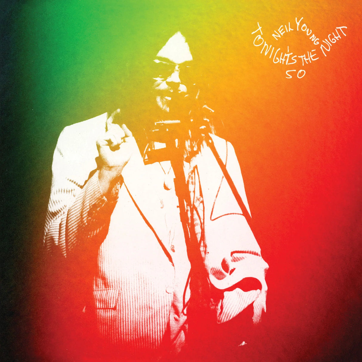 Album cover with a stylized portrait of a person and colorful gradient background, featuring text 'Neil Young Tonight's the Night'.