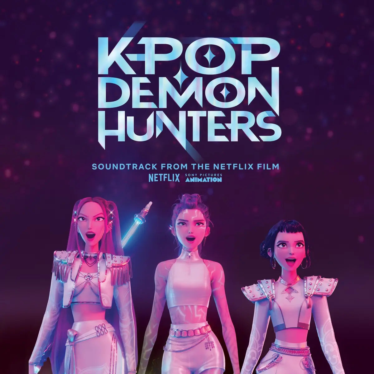 Album cover for 'K-Pop Demon Hunters' soundtrack from Netflix with three animated characters on a purple background.