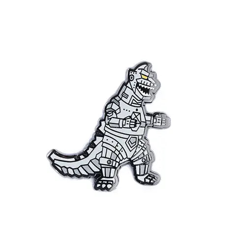 Metallic dinosaur-shaped badge on a white background