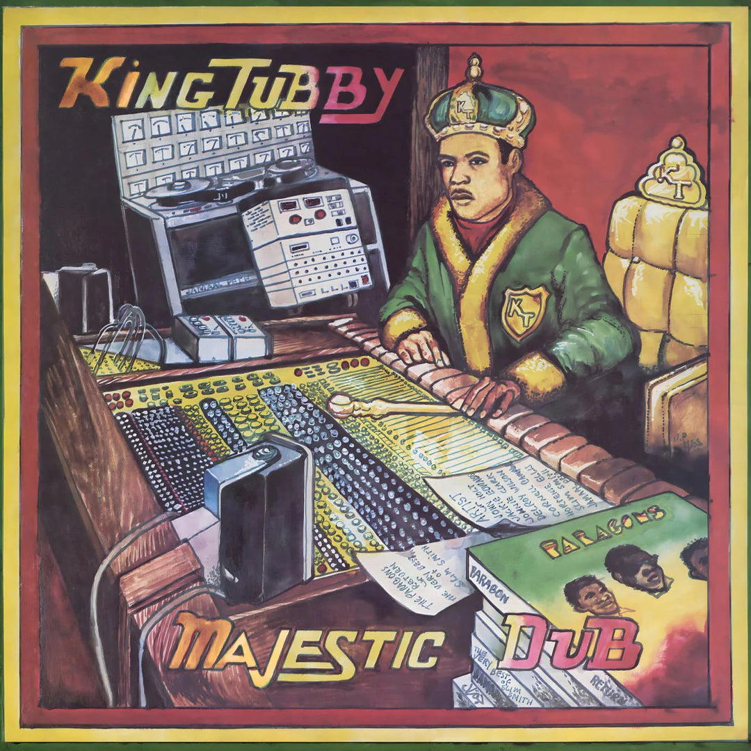 Record cover art featuring a cartoon illustration of a person with a crown sitting at a soundboard, with the text 'KING TUBBY' and 'MAJESTIC DUB' below it.