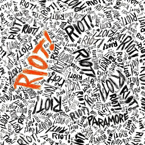 Album cover art for Paramore's LP 'Riot!' featuring text-based design with the album title prominently displayed.