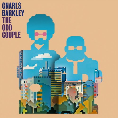 Album cover for 'The Odd Couple' by Gnarls Barkley with stylized figures and cityscape on a beige background.