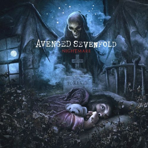 Album cover for Avenged Sevenfold's 'Nightmare' with a skeleton and tombstone in a graveyard.