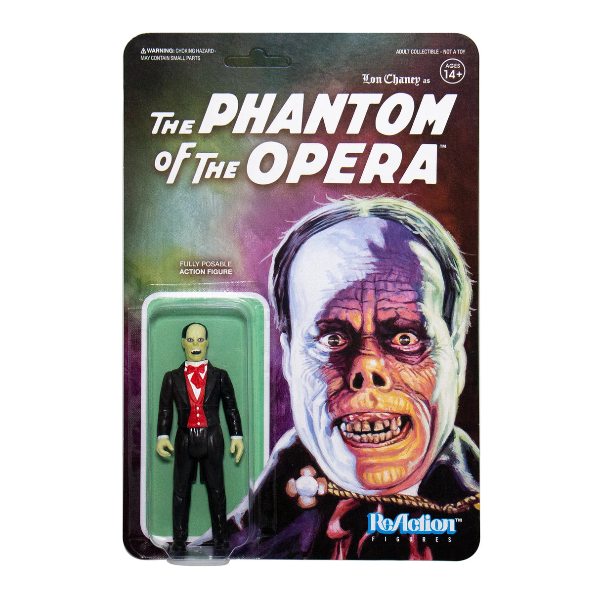 The Phantom of the Opera action figure by Super7, packaged in a window display box with the character depicted in a monsterous and deformed appearance, wearing a black suit and a red tie.