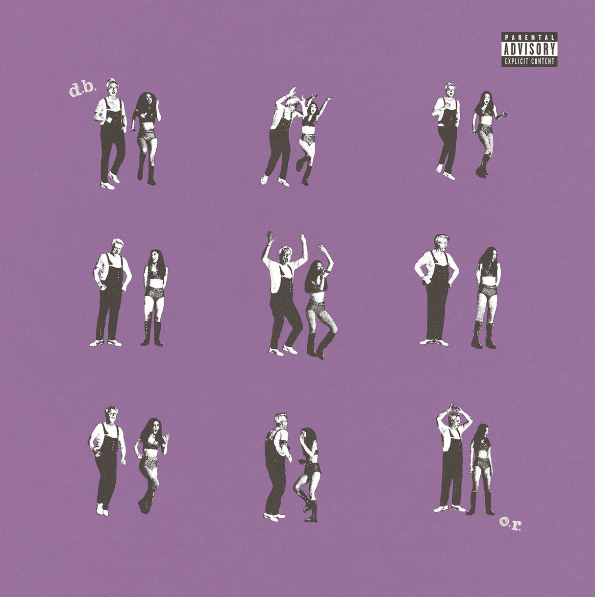 Album cover with black and white illustrations of people on a purple background