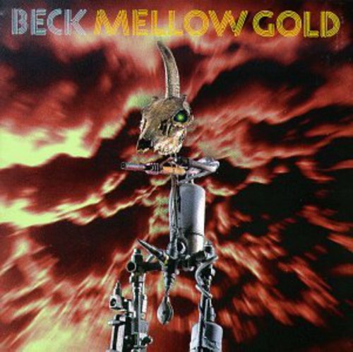 Album cover for 'Mellow Gold' by Beck with a robot skeleton against a fiery background.