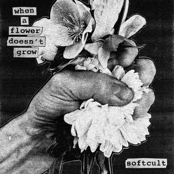 Black and white image of a hand holding a wilted flower with text overlay.