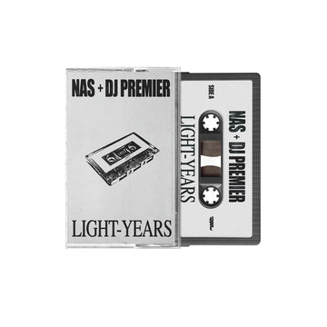 Cassette tape with 'NAS + DJ Premier' and 'LIGHT-YEARS' on a white background