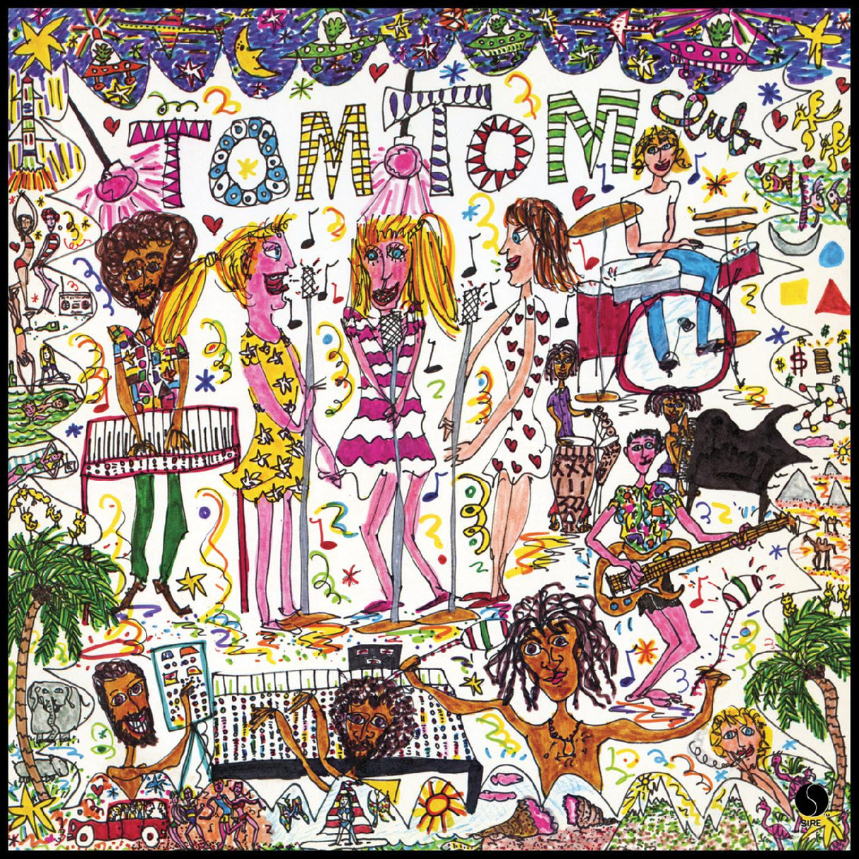 Colorful album cover with illustrated characters and 'Tom Tom Club' text