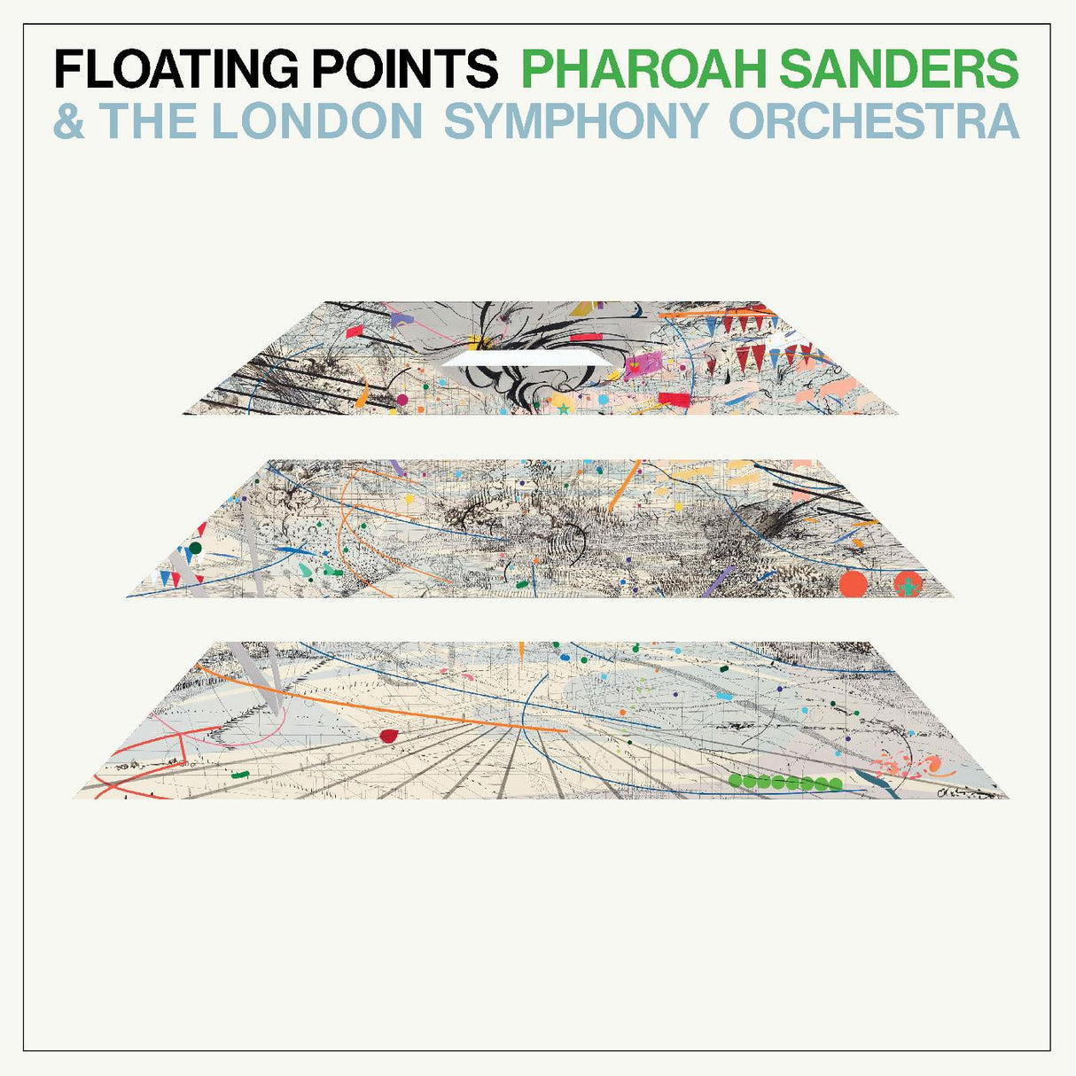 Album cover with 'Floating Points', 'Pharoah Sanders', and 'The London Symphony Orchestra' text above abstract map-like designs.