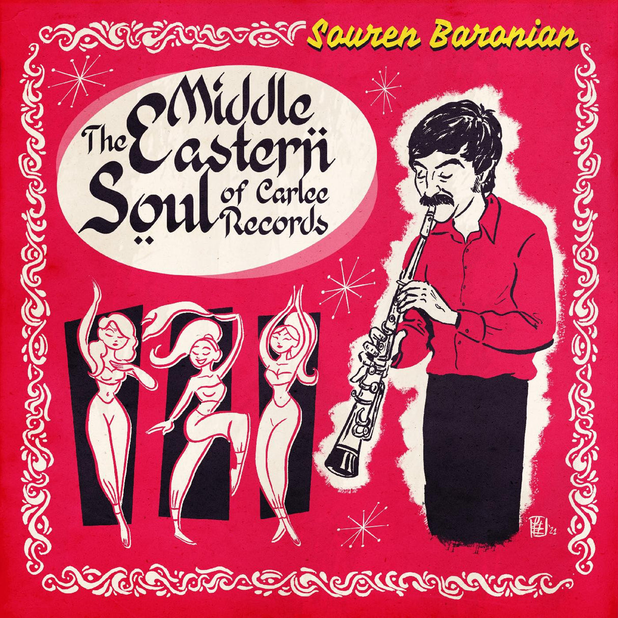Album cover for Souren Baronian's 'The Middle Eastern Soul of Carlee Records' featuring a red background with illustrations of a man playing a clarinet and two female figures dancing.