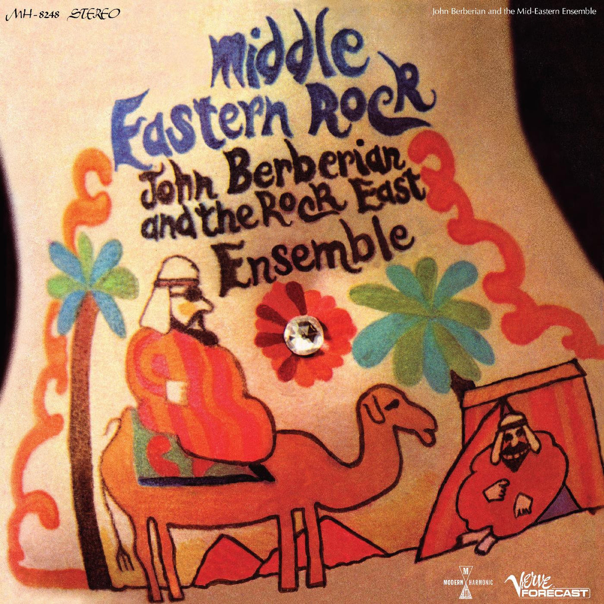 Album cover for John Berberian and The Rock East Ensemble's 'Middle Eastern Rock' featuring a colorful illustration with musicians and a camel.