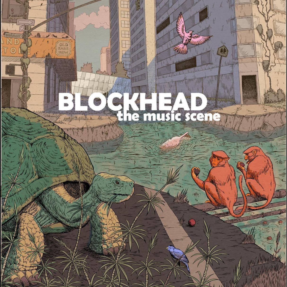 Album cover art for Blockhead - The Music Scene featuring a cartoon turtle character in a city setting with other fantastical creatures.