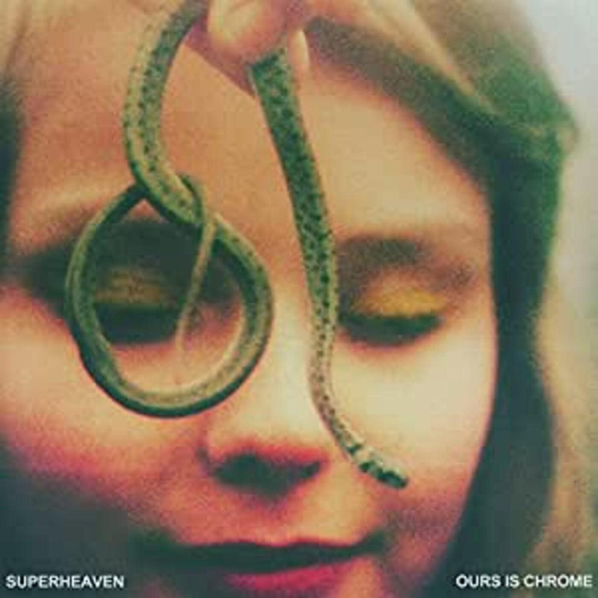 Album cover with a person holding a snake over their face, featuring the text 'Superheaven Ours is Chrome'.