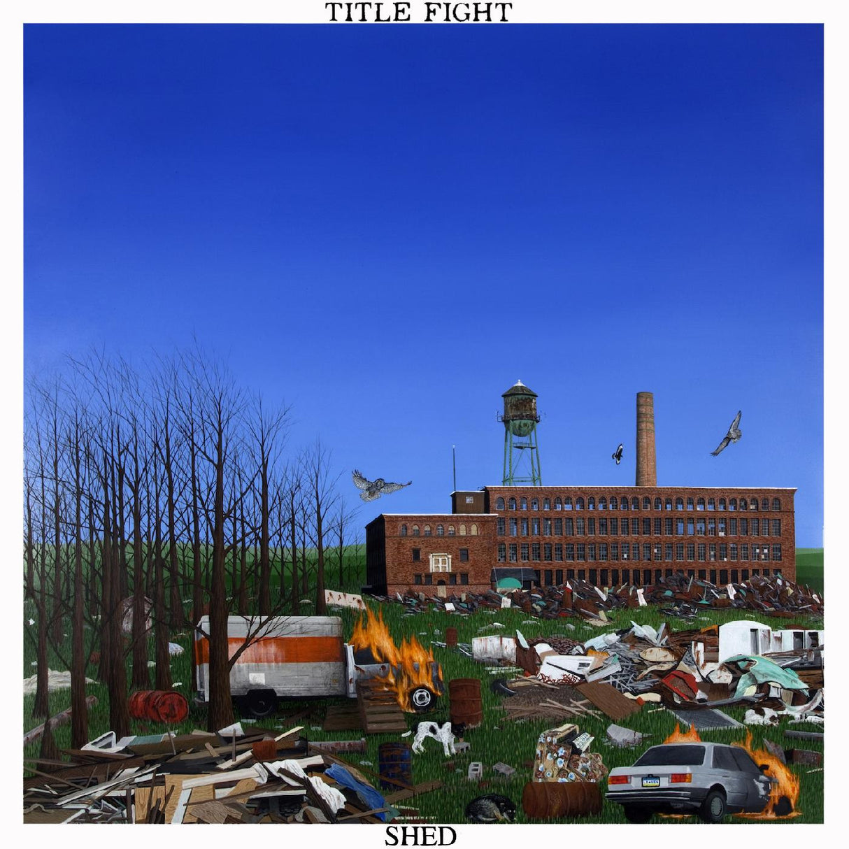 Album cover with a industrial building, trees, and vehicles under a blue sky, featuring the text 'TITLE FIGHT' and 'SHED'.