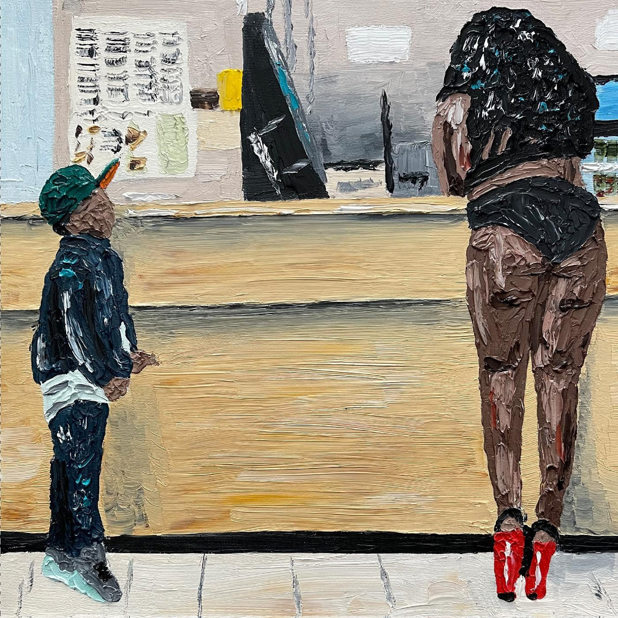 An oil painting artwork featuring two figures, one adult and one child, standing at a counter. The child is wearing a green cap and the adult has a black and white outfit with red shoes.