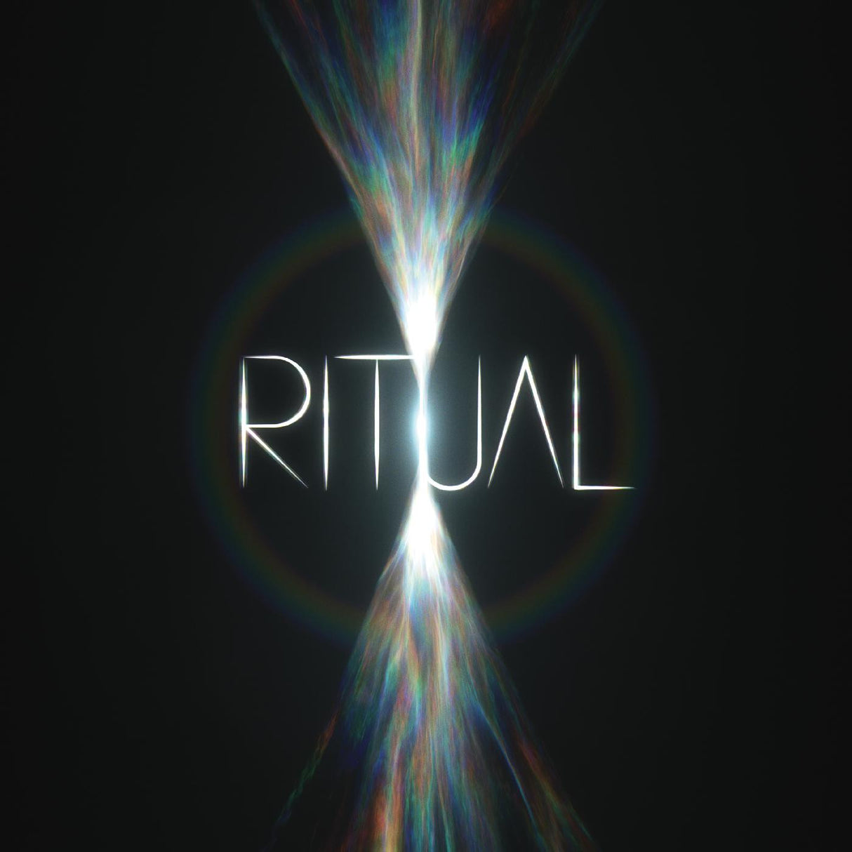 Album cover art for Jon Hopkins' Ritual 2LP featuring the word 'RITUAL' in white text with a beam of light behind it creating a lens flare effect.