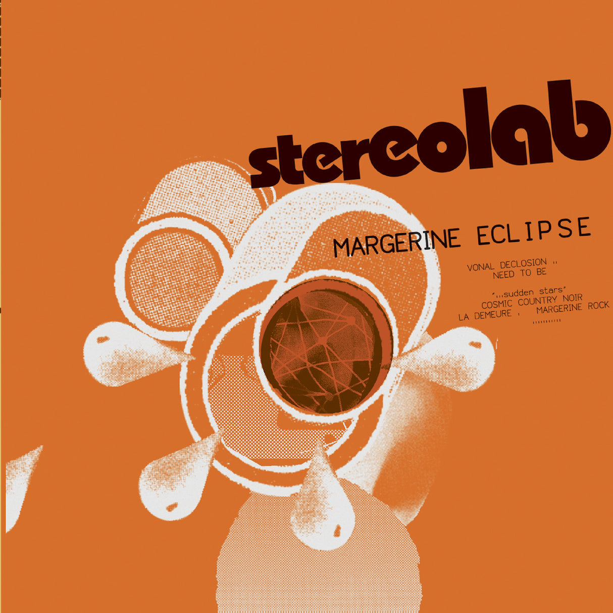 The image shows the album cover for Stereolab's 'Margerine Eclipse' 2LP. It features a stylized graphic of a head with abstract shapes and a dominant orange background.