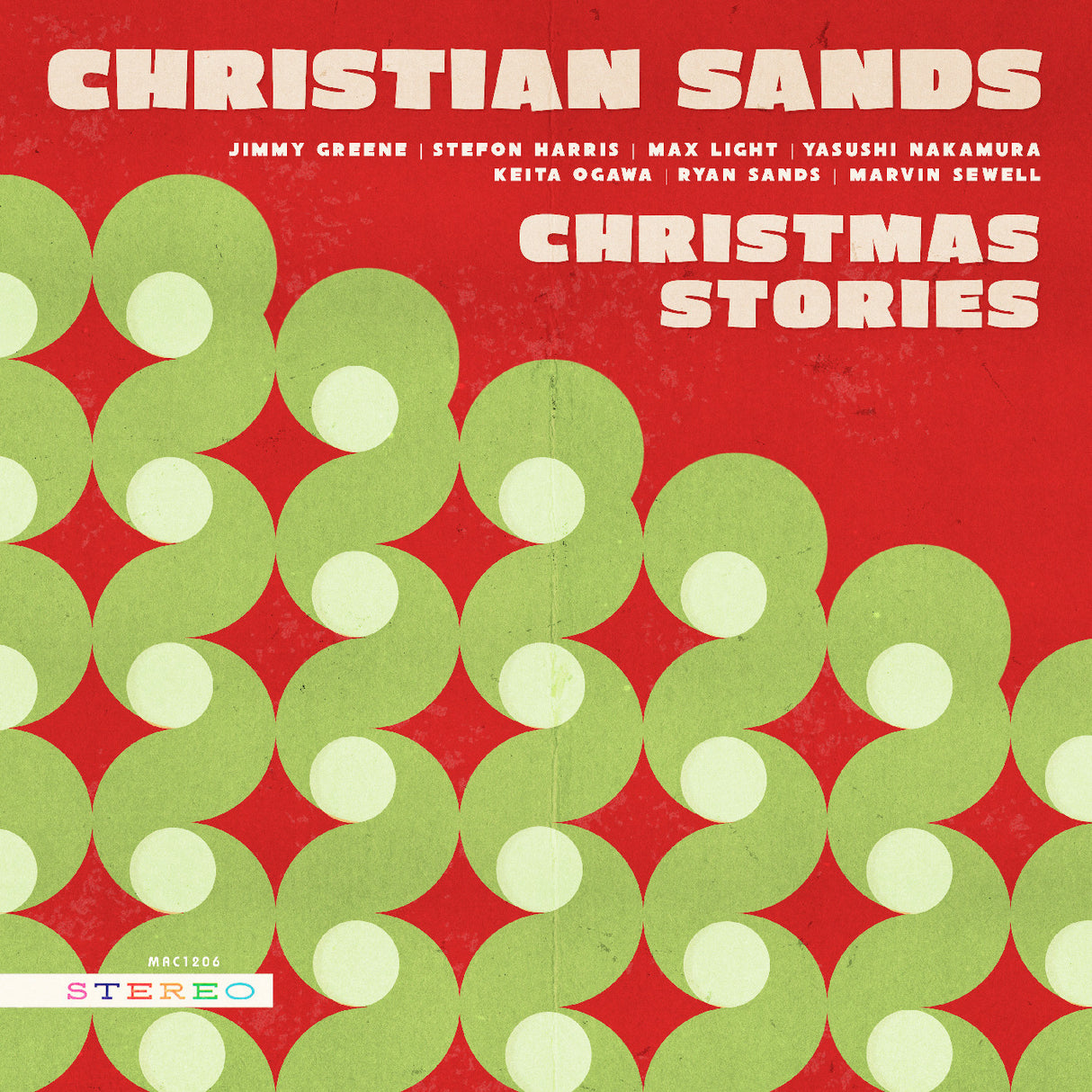 Album cover for 'Christmas Stories' by Christian Sands with green circular patterns on a red background.
