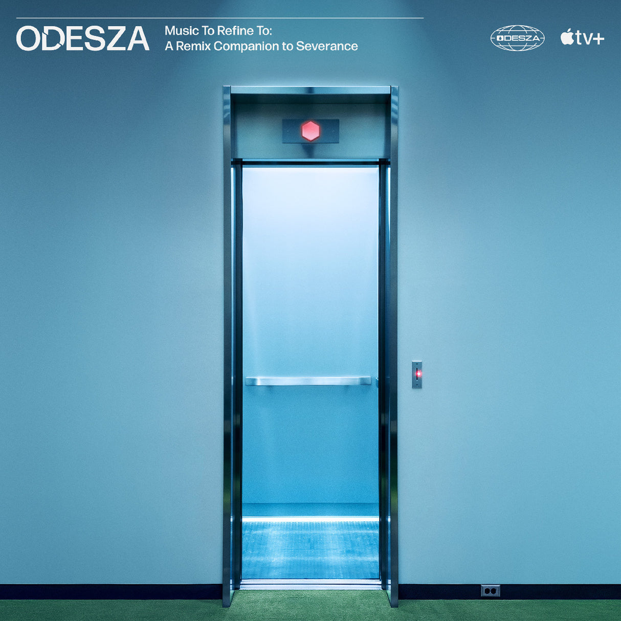 Elevator door with blue light on a blue wall, featuring ODESZA branding.