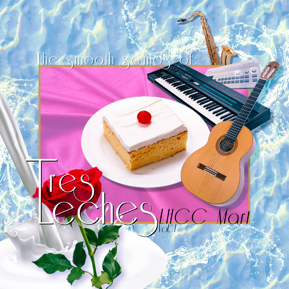 Album cover with a cake, guitar, and keyboard on a colorful background