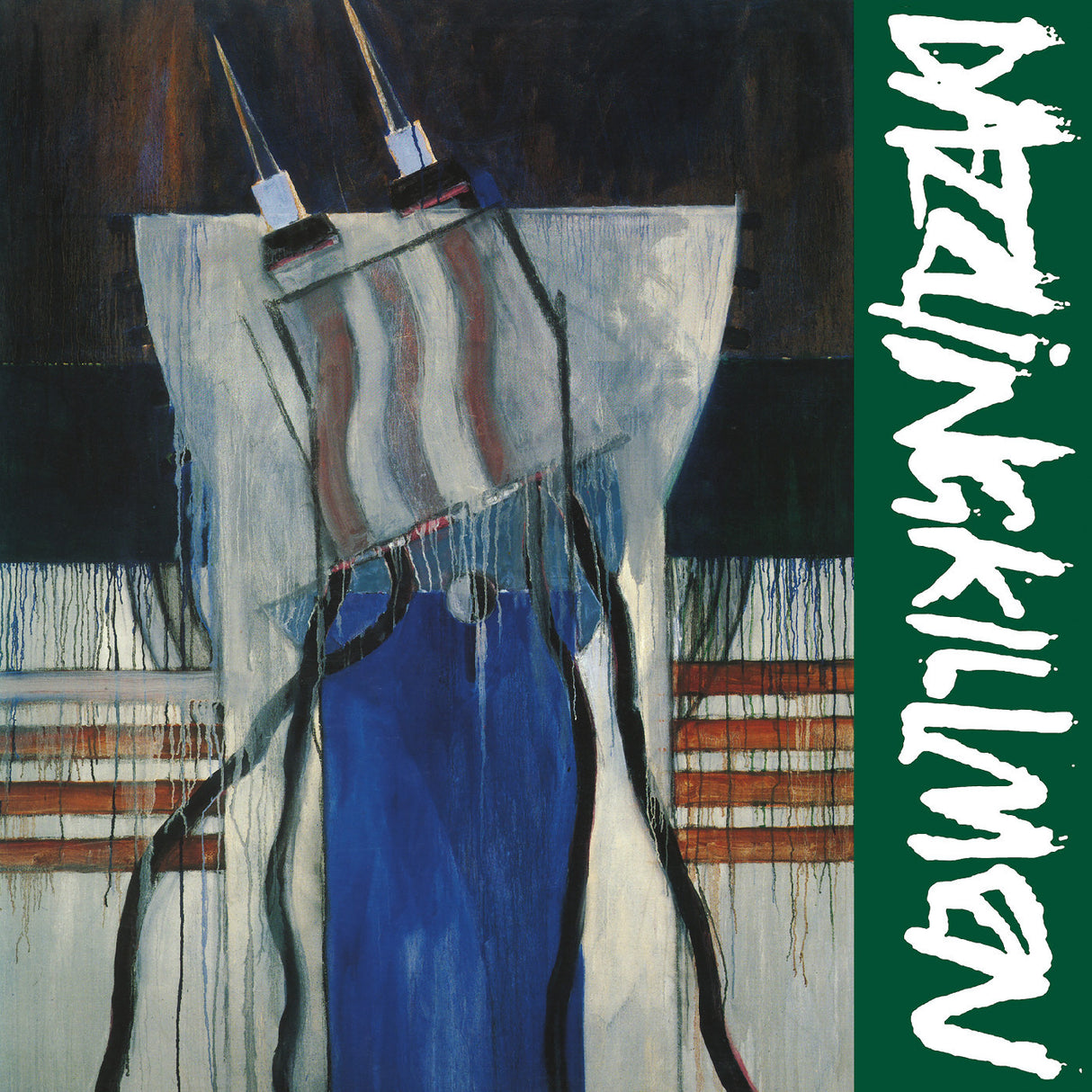 Abstract painting with a blue vase and striped fabric, featuring the artist's name on the right.