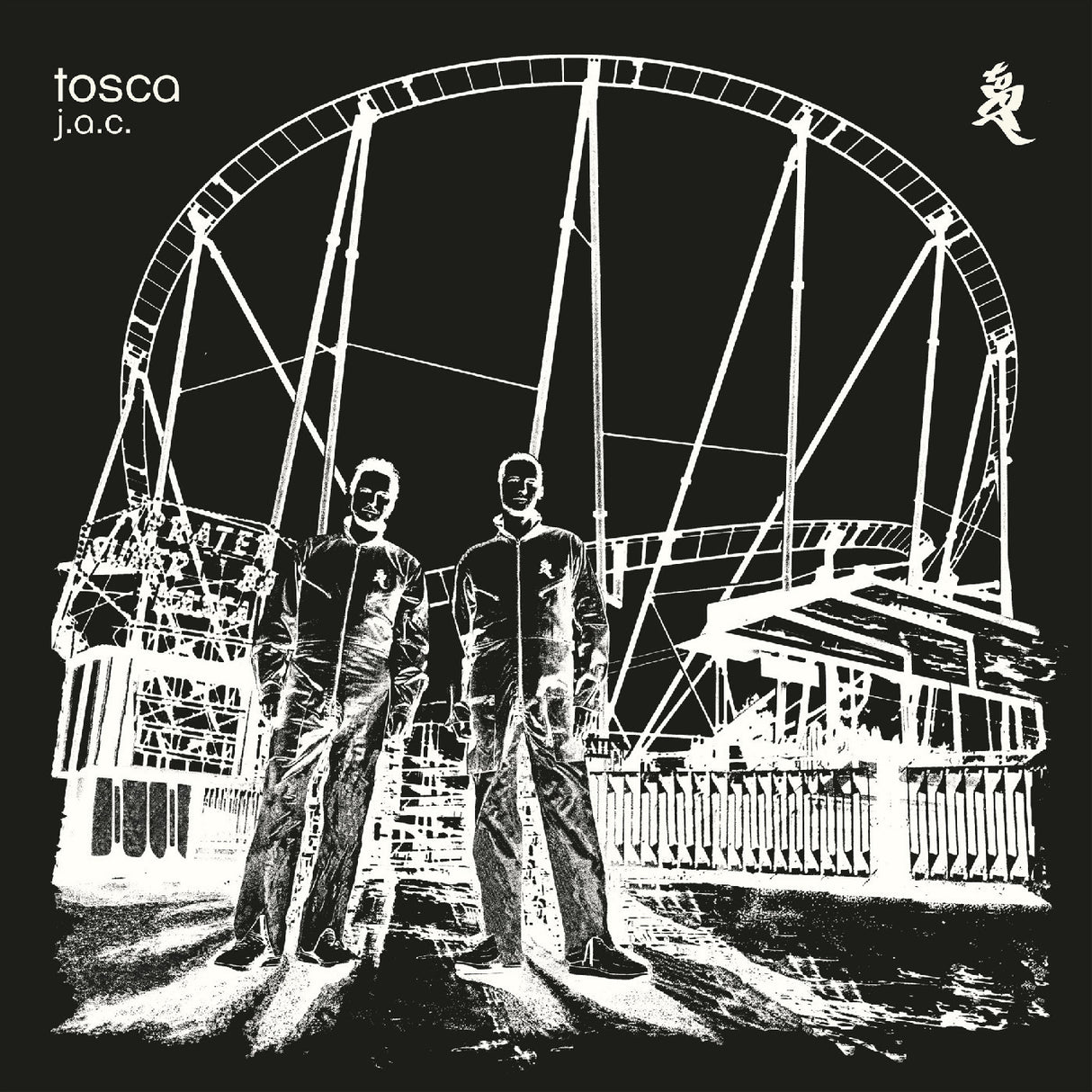 Black and white illustration of two figures standing in front of a Ferris wheel with 'tosca j.a.c.' text.