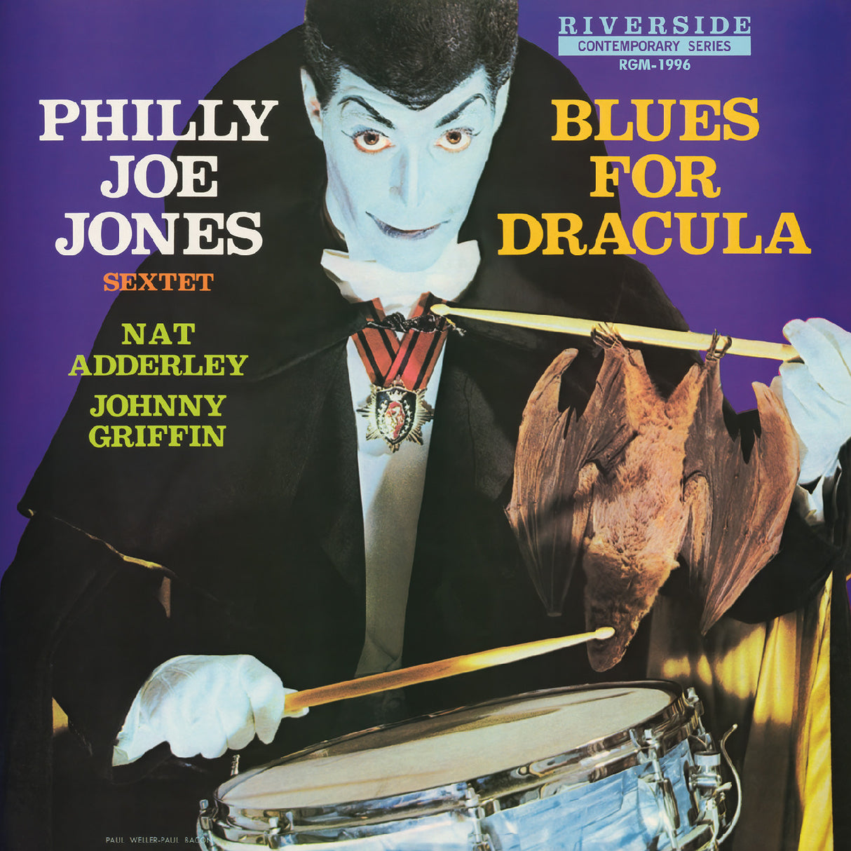 Album cover featuring a person in a costume playing drums with bats, titled 'Blues for Dracula' by Philly Joe Jones Sextet.