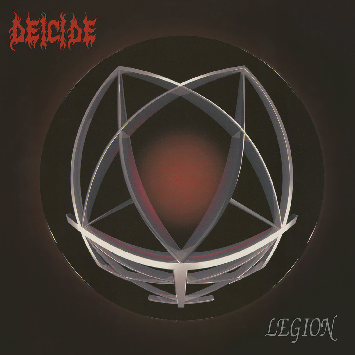 Album cover for 'Legion' by Deicide with a geometric design and dark background.