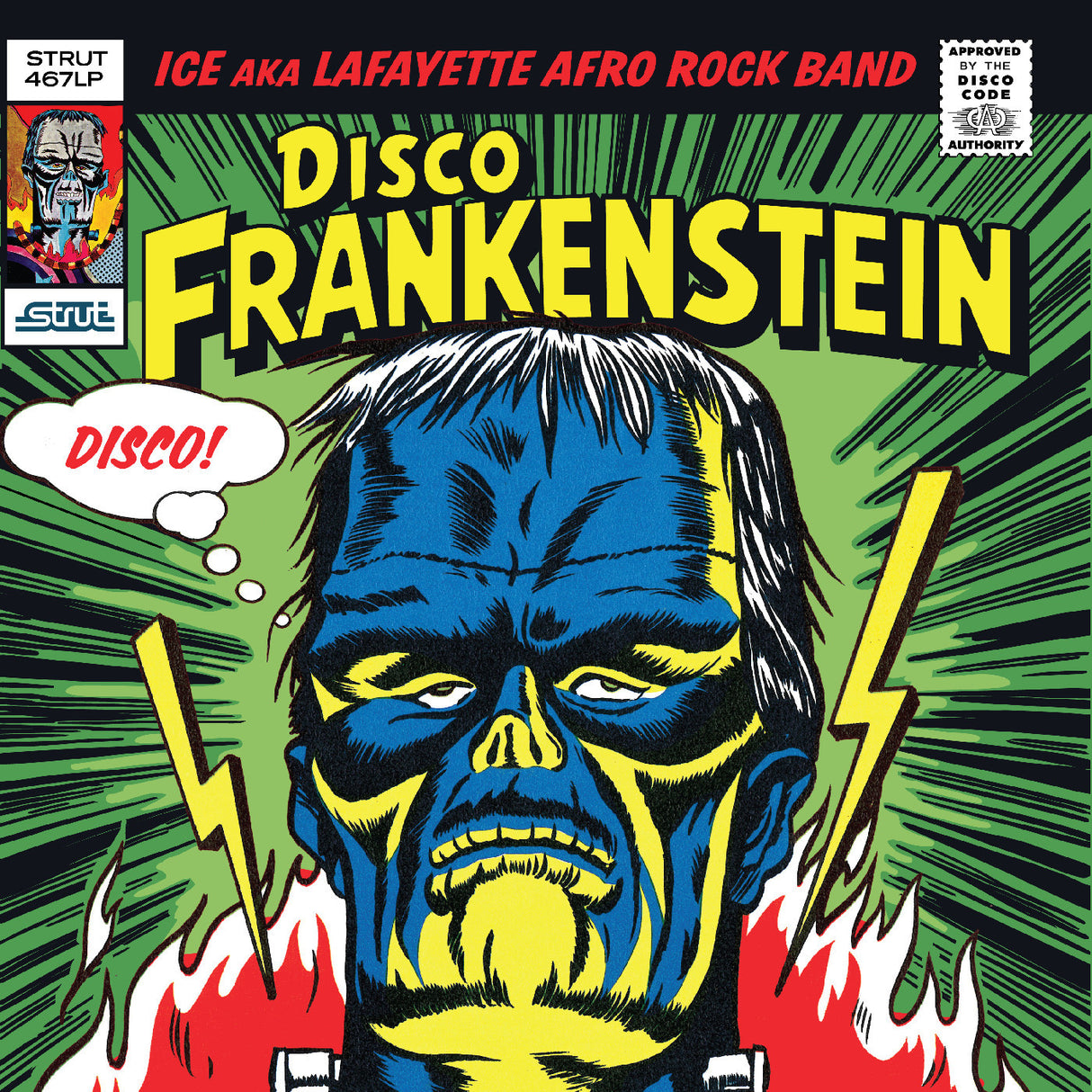 Album cover for 'Disco Frankenstein' featuring a stylized monster with lightning bolts and text.
