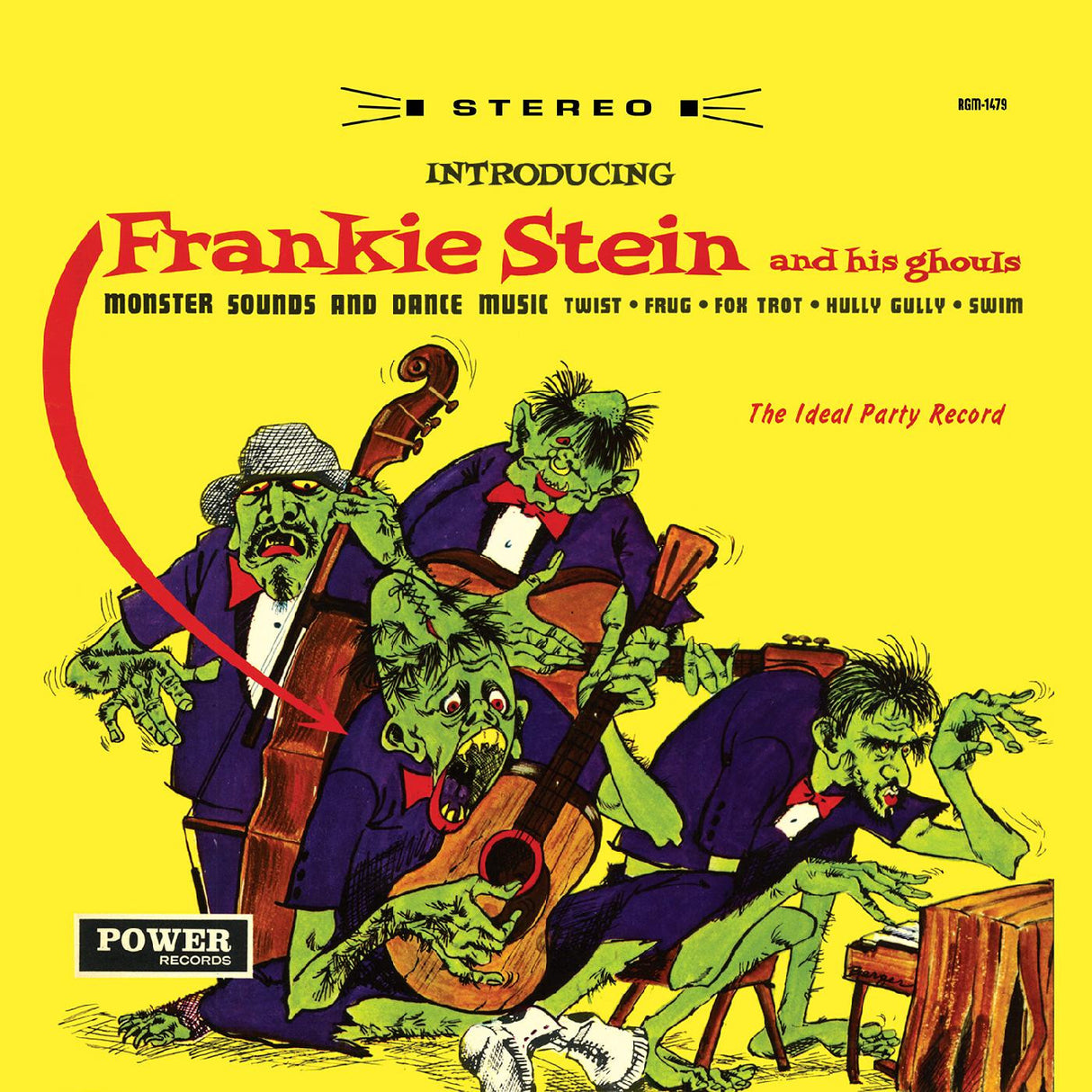 Album cover featuring cartoon characters playing instruments with text 'Introducing Frankie Stein and his ghouls' on a yellow background.