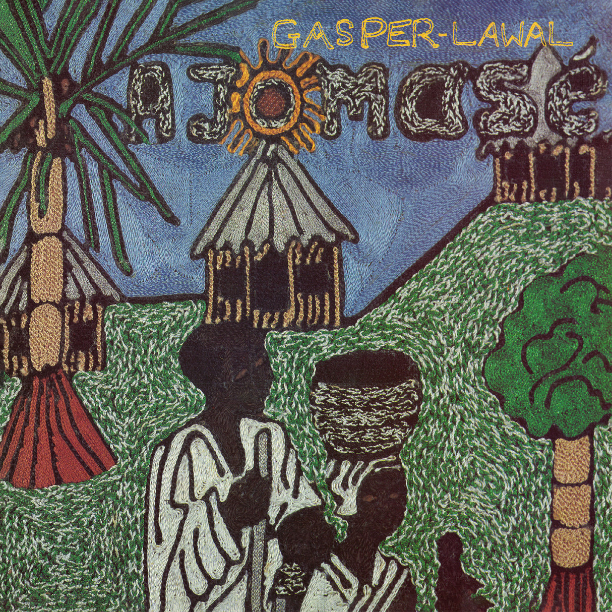 Artistic depiction of two figures with a hut and palm tree in the background, featuring the text 'Gasper Lawal Ajom's'.