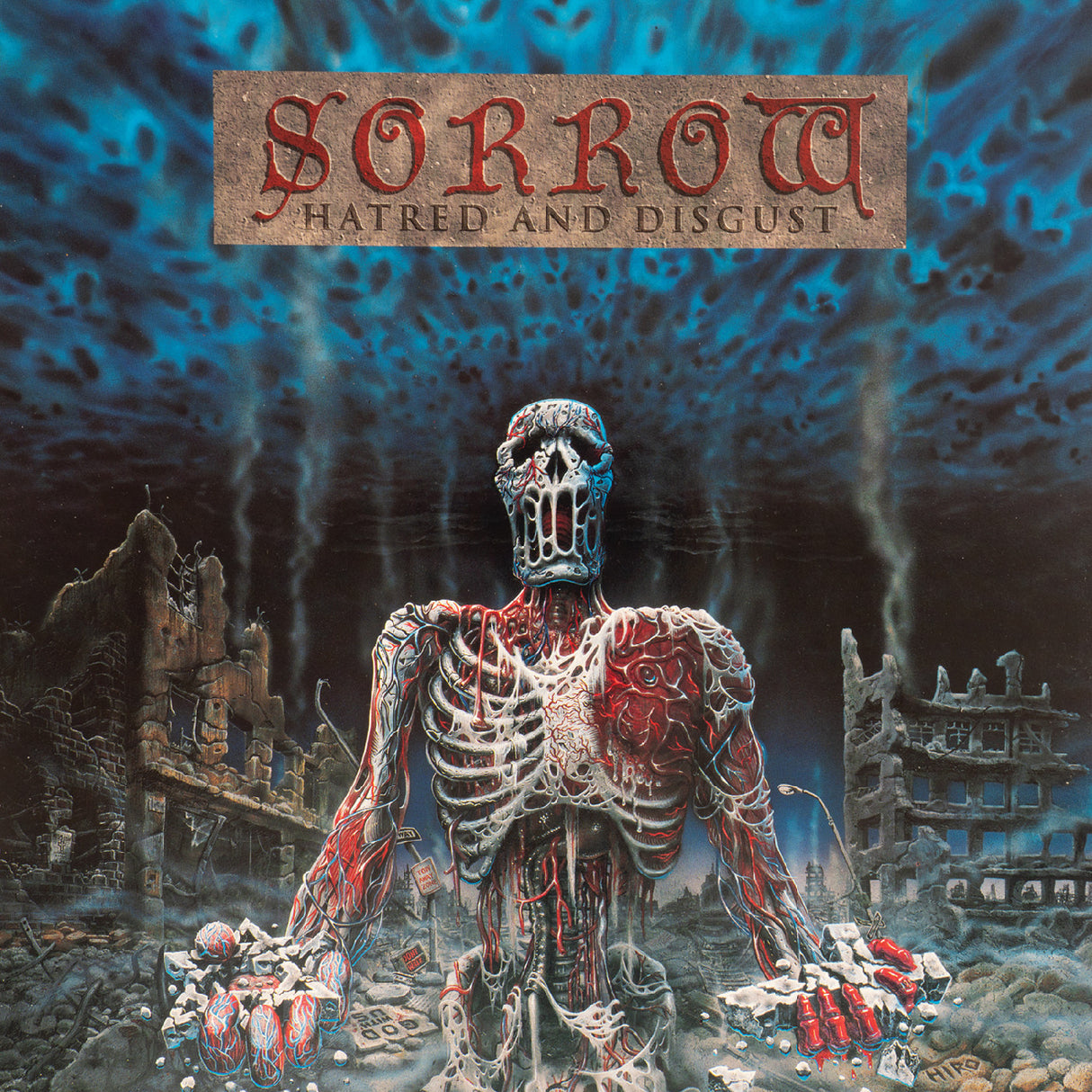 Album cover with a skeletal figure and text 'Sorrow Hatred and Disgust' against a blue, textured background.