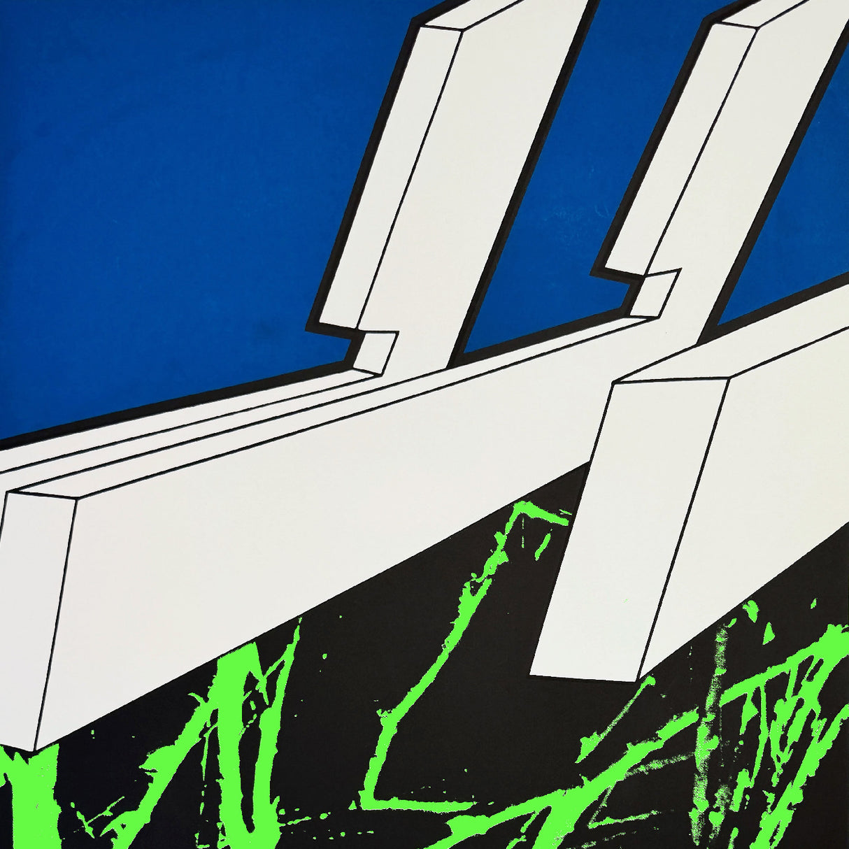 Abstract art with geometric shapes and green accents on a blue and black background