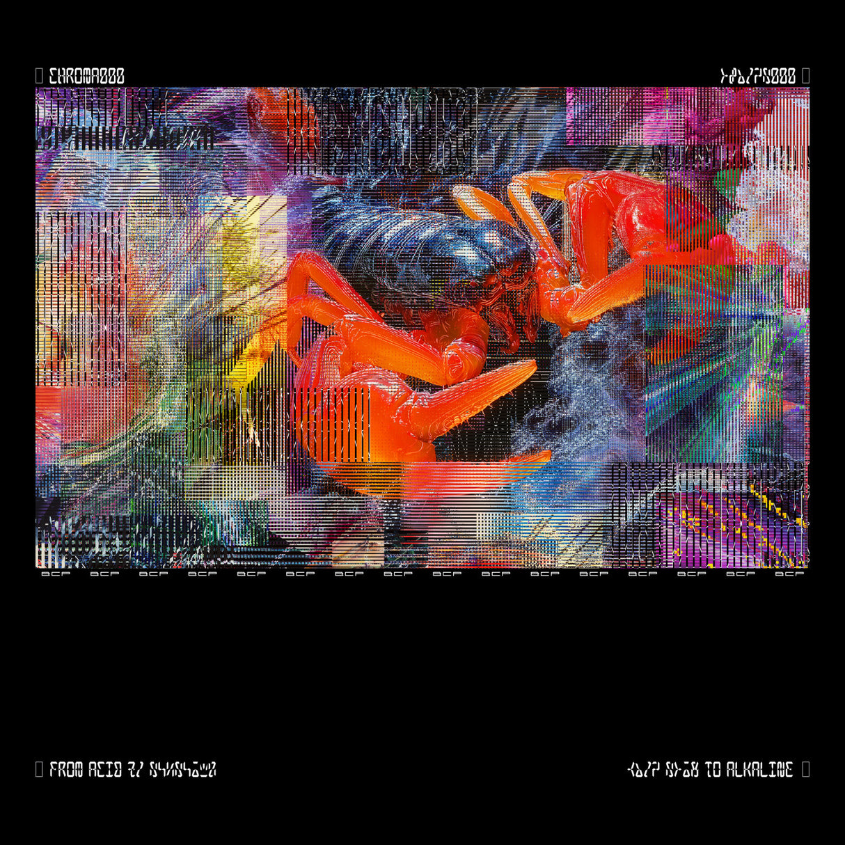 Colorful scorpion illustration on a black background with digital text overlay