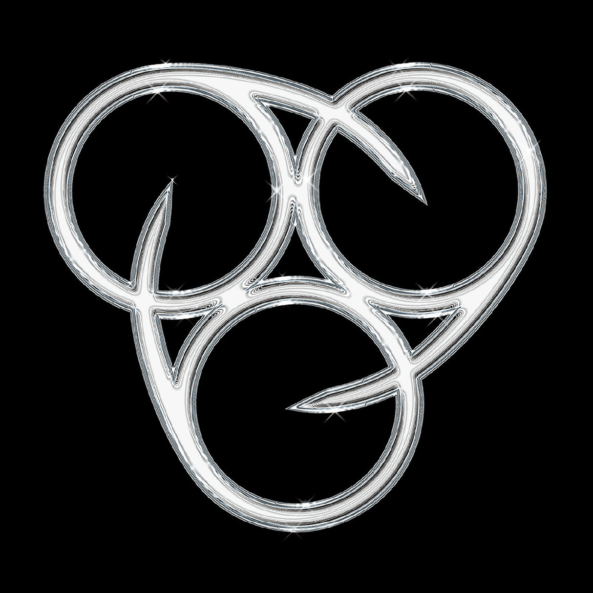 Silver Celtic knot design on a black background