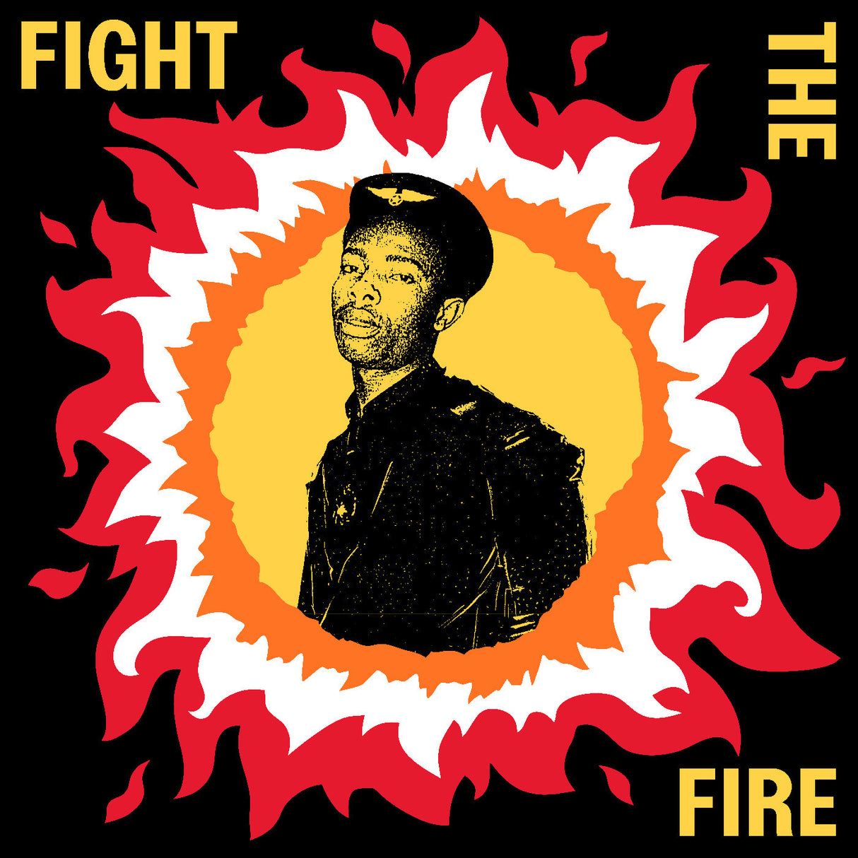Portrait of a person with flames and 'Fight The Fire' text on a black background