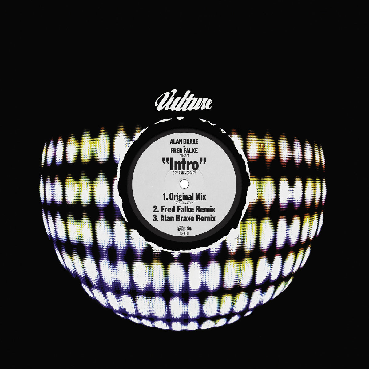 Vinyl record with a colorful pattern on a black background