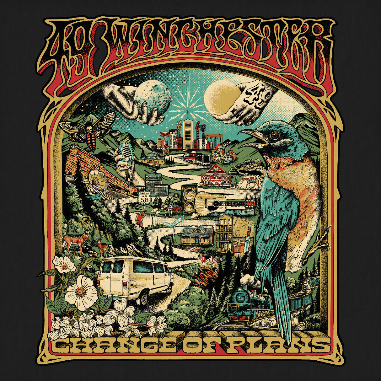 Album cover with a stylized landscape, bird, and text on a dark background