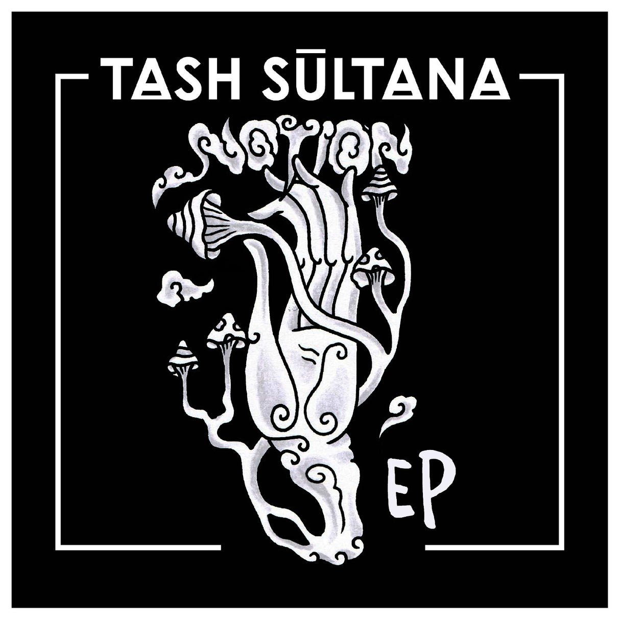 Album cover for Tash Sultana EP with intricate white design on a black background
