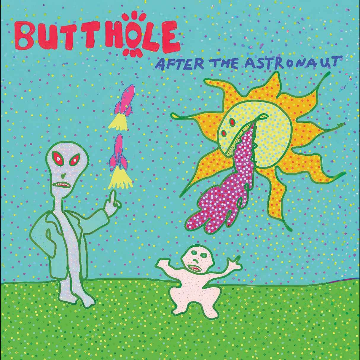 Album cover with cartoon characters and colorful elements on a blue background