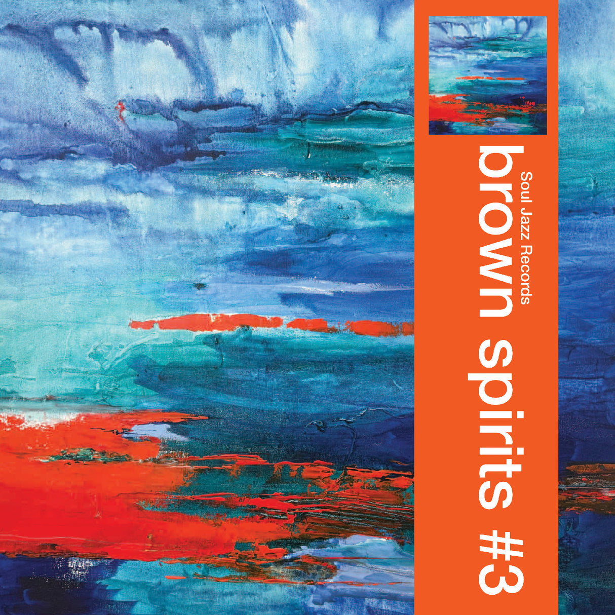 Album cover with abstract art and 'Brown Spirits #3' text on an orange background